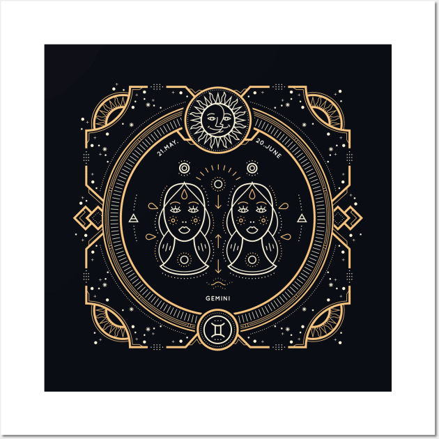 Gemini Zodiac Gold White with Black Background Wall Art by susannefloe